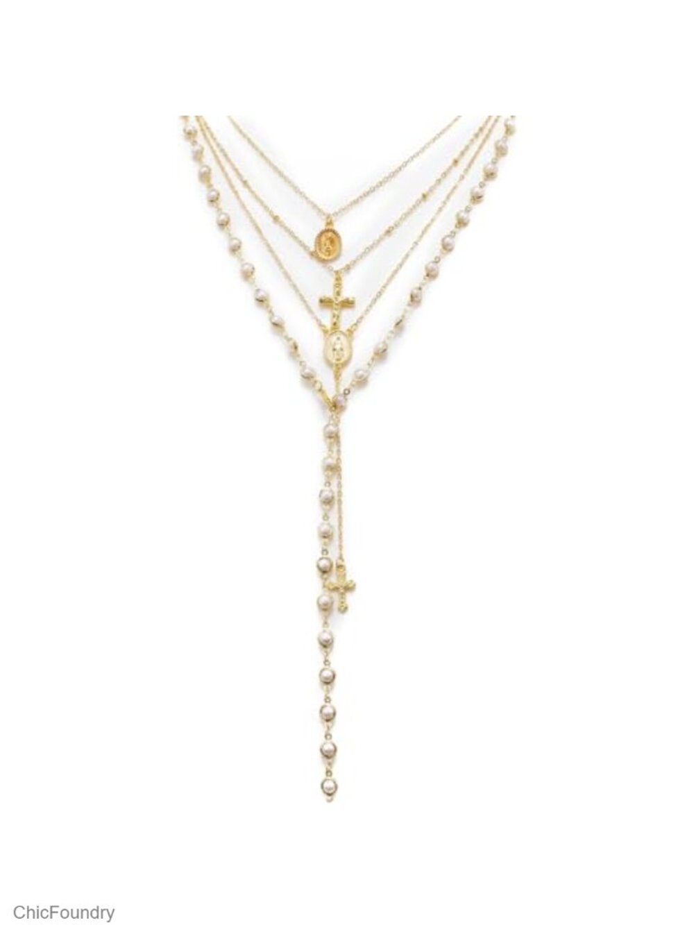 Layered Pearl Cross Necklace Y2K Gold Faux Pearl Multi-Strand